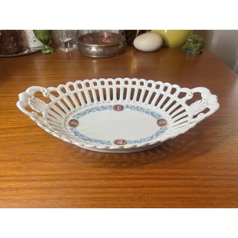 Antique Dresden Franziska Hirsch Bowl Hand Painted Floral Reticulated Basket